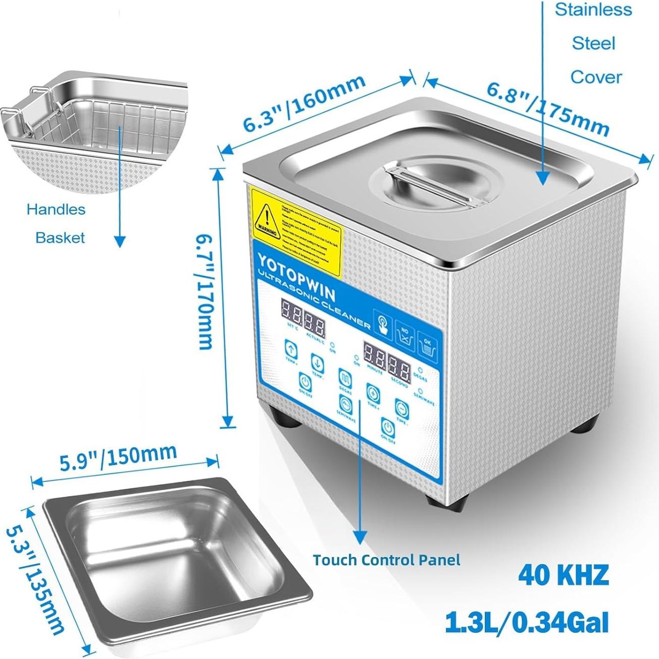 Limpiador ultrasónico calentado Yotopwin 1.3L acero inoxidable