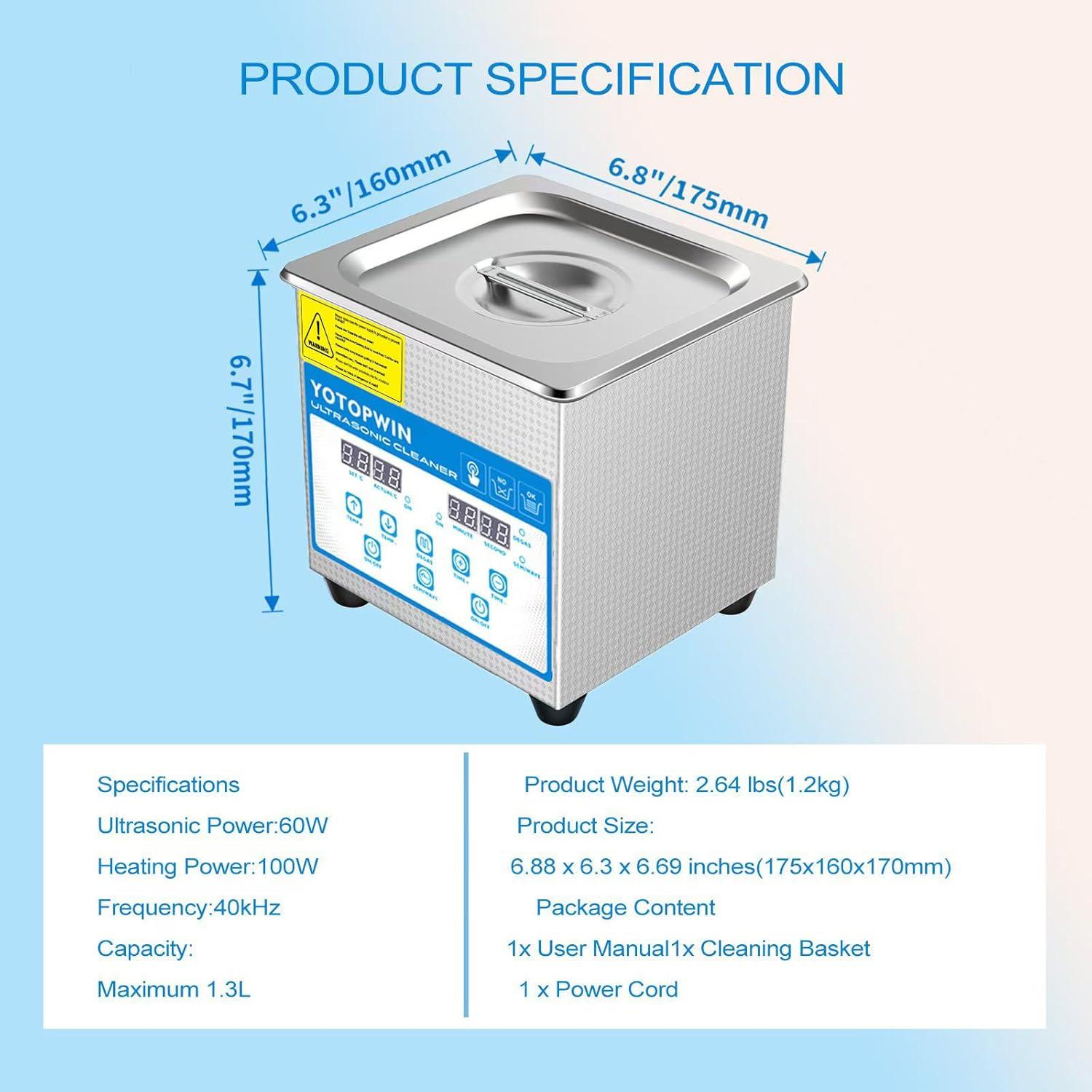 Limpiador ultrasónico calentado Yotopwin 1.3L acero inoxidable