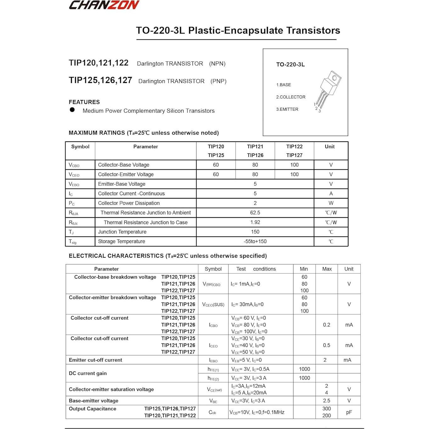 Transistor Darlington NPN Chanzon TIP120 TO-220 Paquete 10