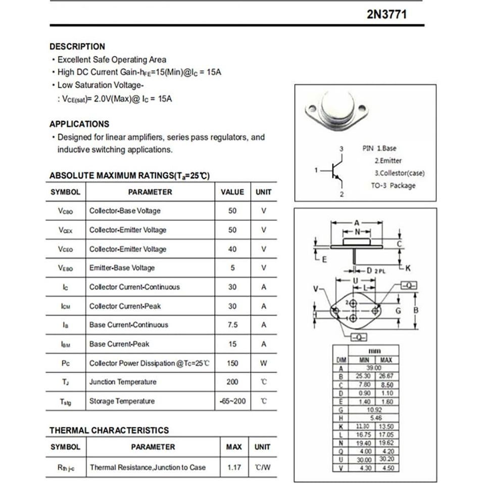 Transistor de Potencia YEGAFE 2N3771 30A 40V TO-3