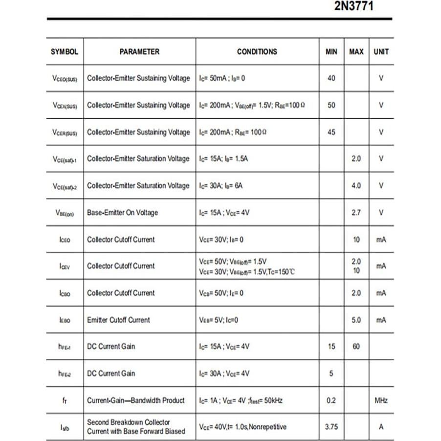 Transistor de Potencia YEGAFE 2N3771 30A 40V TO-3