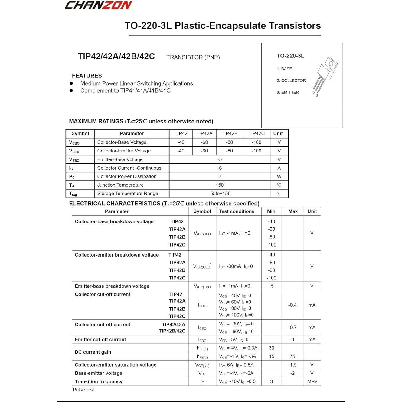 Transistor Bipolar Darlington PNP Chanzon TIP42C TO-220 Paquete 10