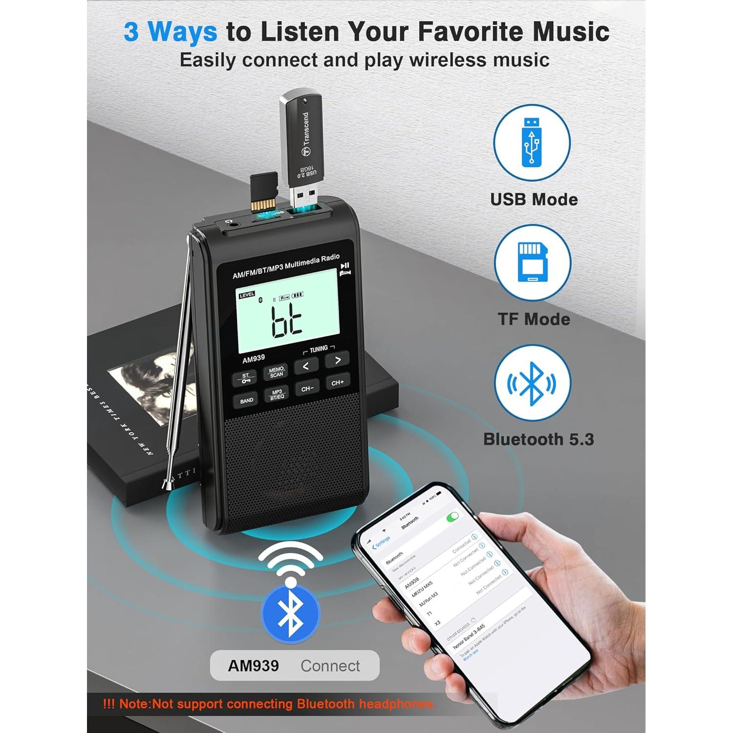 Radio Bluetooth AM/FM Jazmm 1200mAh Portátil 5W LCD