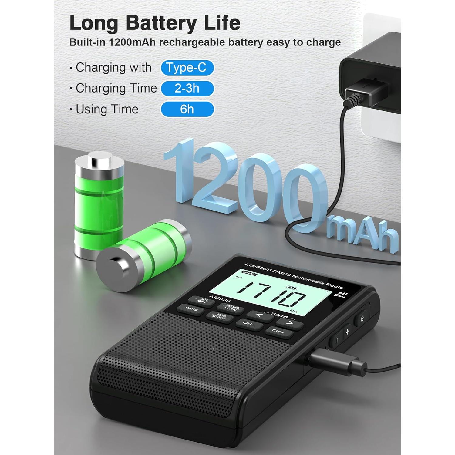 Radio Bluetooth AM/FM Jazmm 1200mAh Portátil 5W LCD