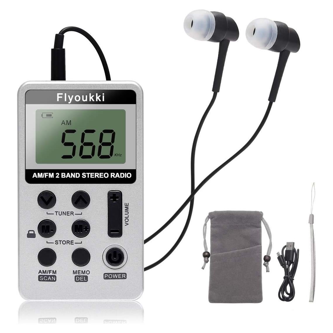 Radio de Bolsillo Flyoukki AM FM Compacta Plata con Auriculares