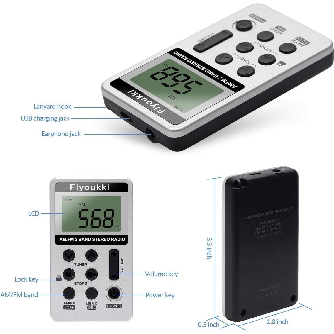 Radio de Bolsillo Flyoukki AM FM Compacta Plata con Auriculares