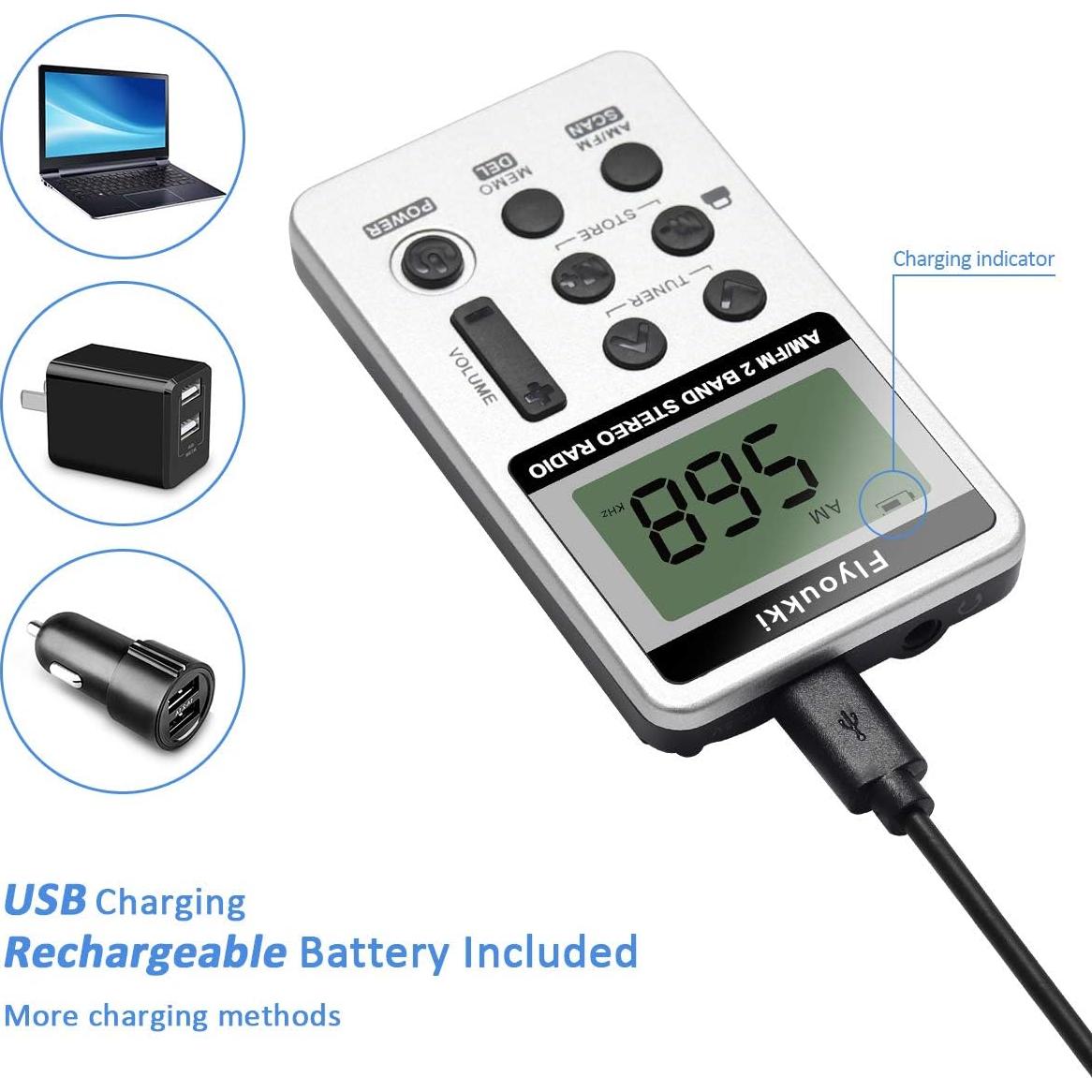 Radio de Bolsillo Flyoukki AM FM Compacta Plata con Auriculares