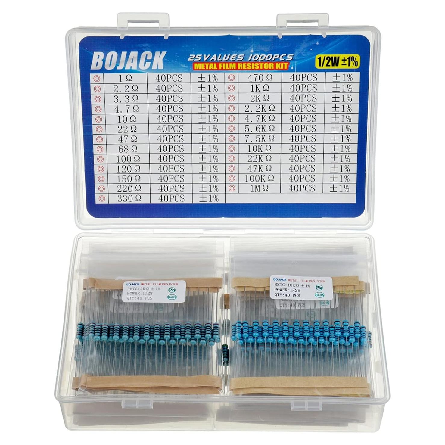 Kit de Resistencias BOJACK 1000 Pcs 25 Valores 1 Ohm-1M Ohm 1/2W