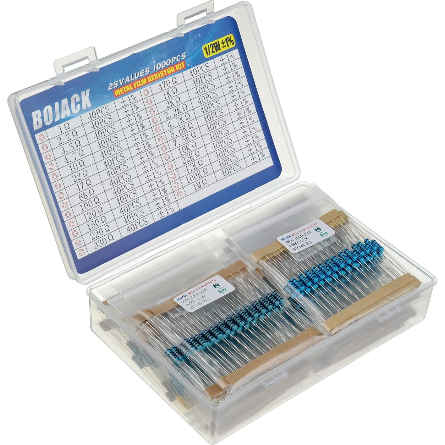 Kit de Resistencias BOJACK 1000 Pcs 25 Valores 1 Ohm-1M Ohm 1/2W
