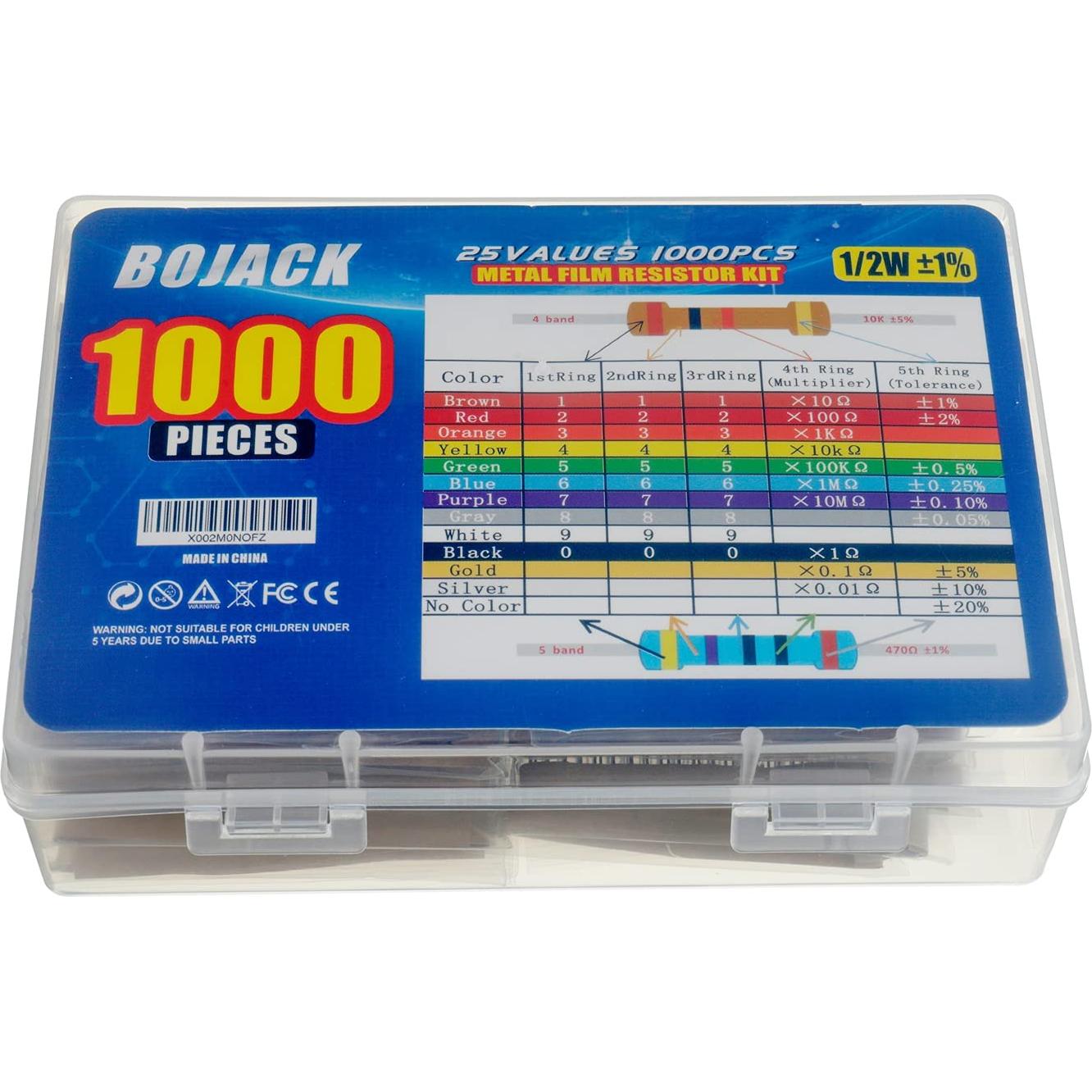Kit de Resistencias BOJACK 1000 Pcs 25 Valores 1 Ohm-1M Ohm 1/2W