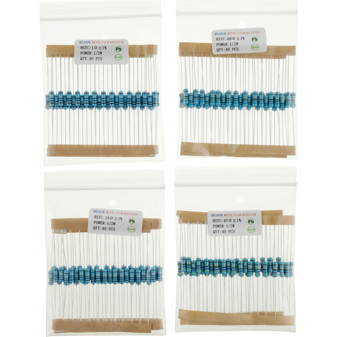 Kit de Resistencias BOJACK 1000 Pcs 25 Valores 1 Ohm-1M Ohm 1/2W