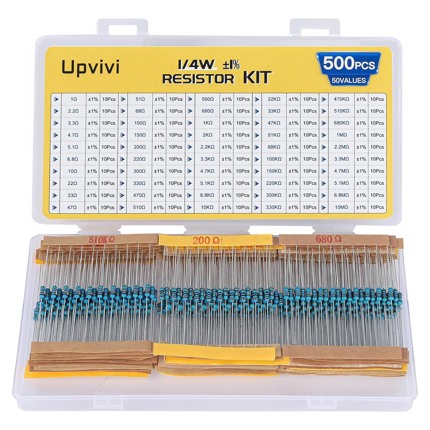 Kit de Resistores de Película Metálica Upvivi 500pcs 1/4W 1%