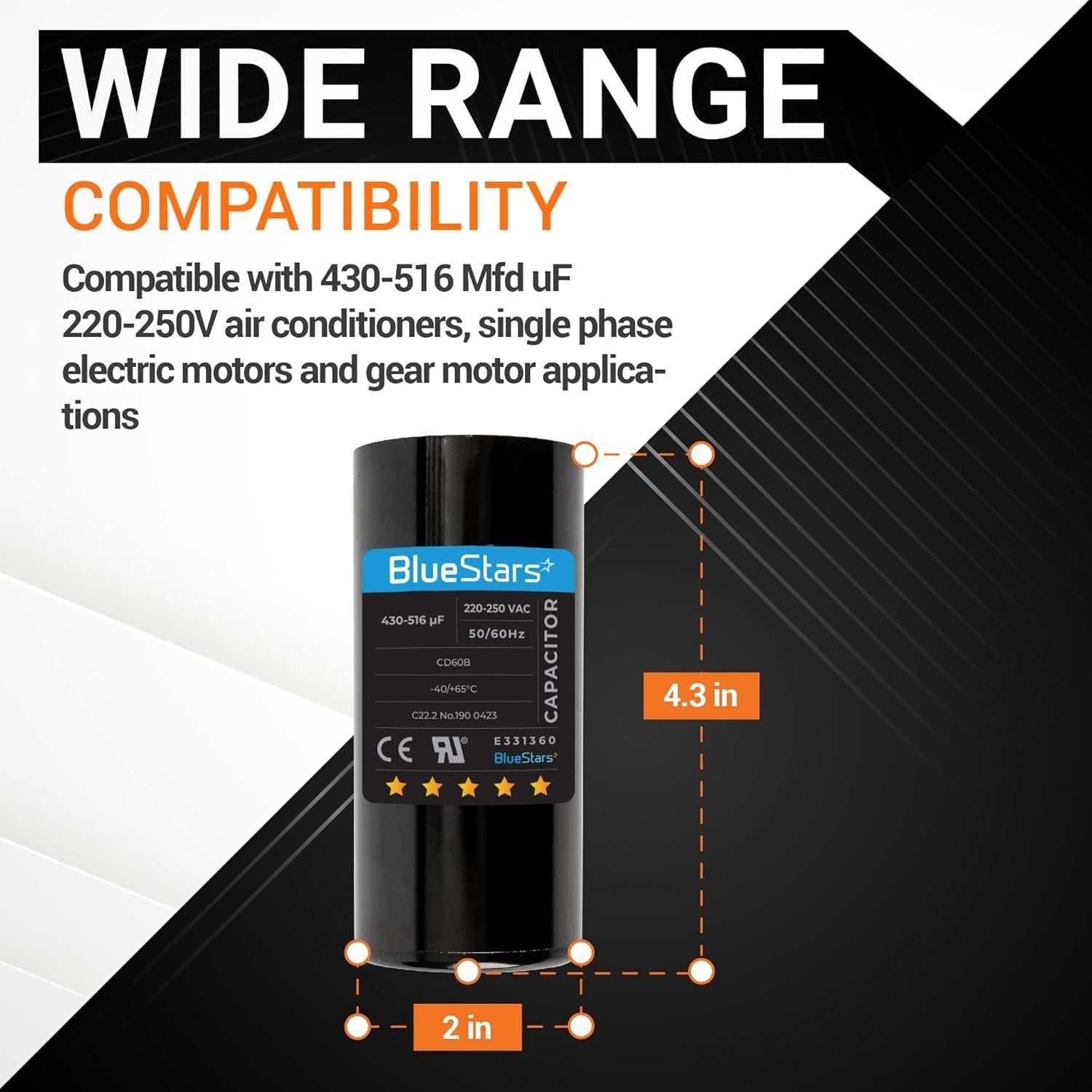 Capacitor de Arranque Redondo BlueStars 430-516 uF 220-250 VAC