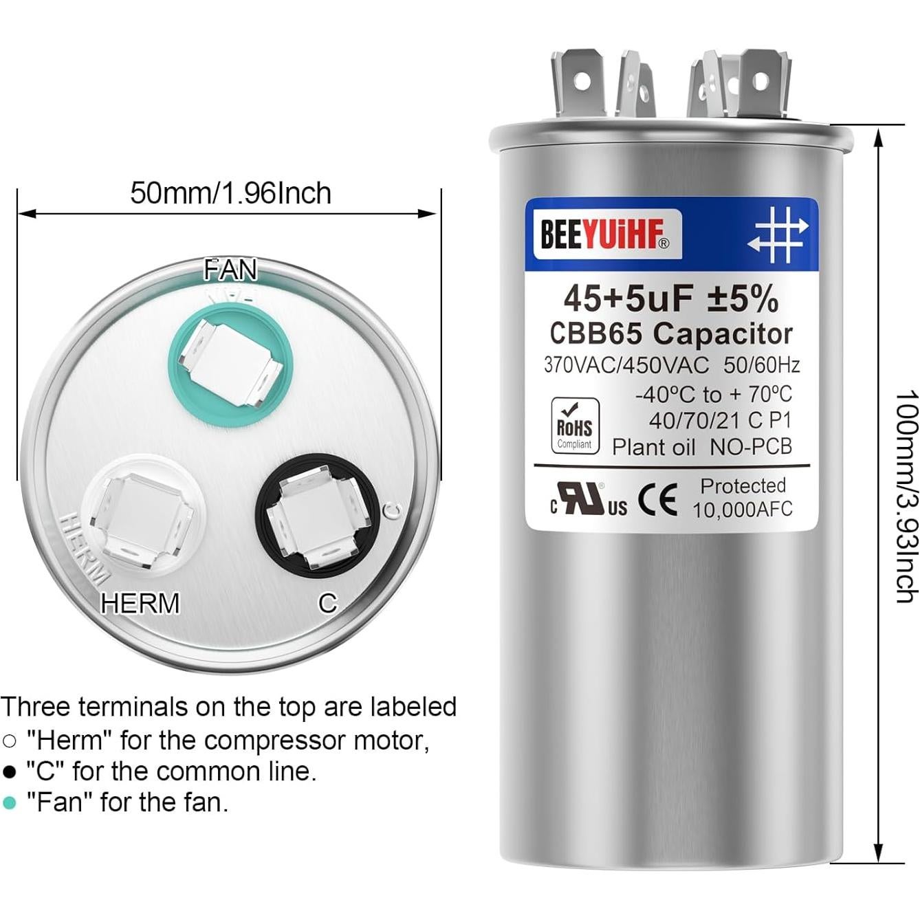 Capacitor CBB65 BEEYUIHF 45+5uF Doble Arranque 370V