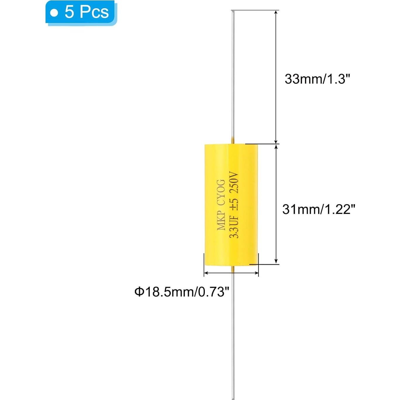 Capacitores CBB20 3.3uF 250V Axiales Amarillos - 5 Pcs