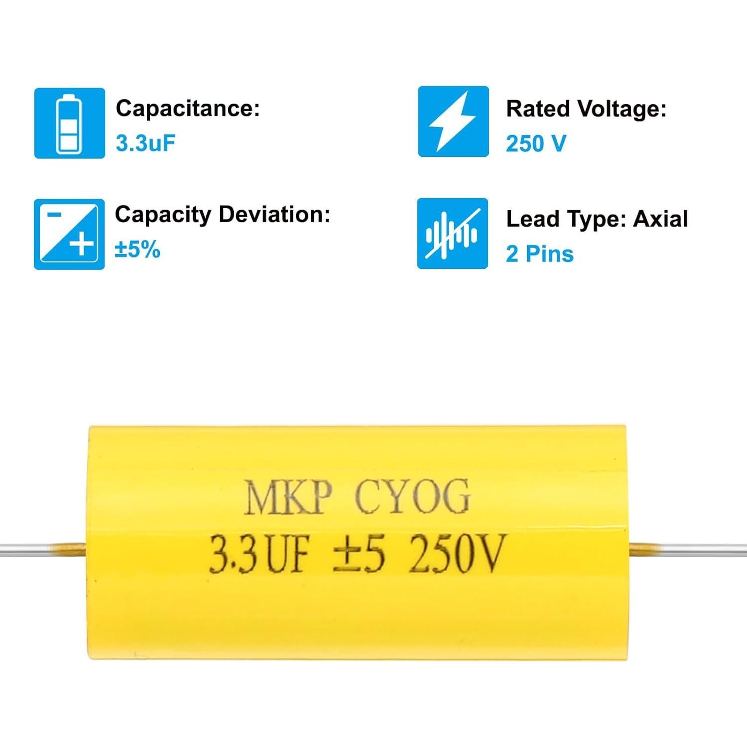 Capacitores CBB20 3.3uF 250V Axiales Amarillos - 5 Pcs