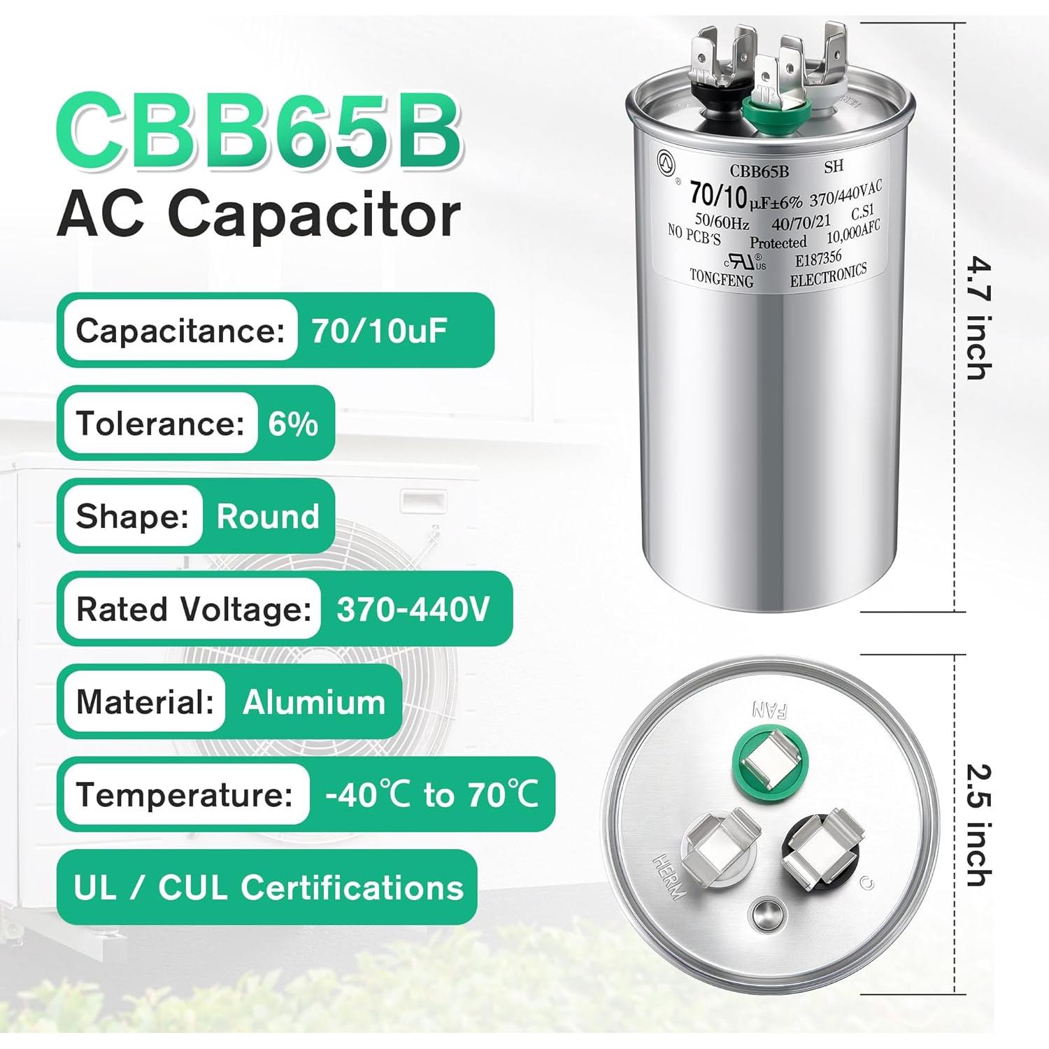 Capacitor CBB65 70+10 uF 370/440V Fiada para Motor de AC