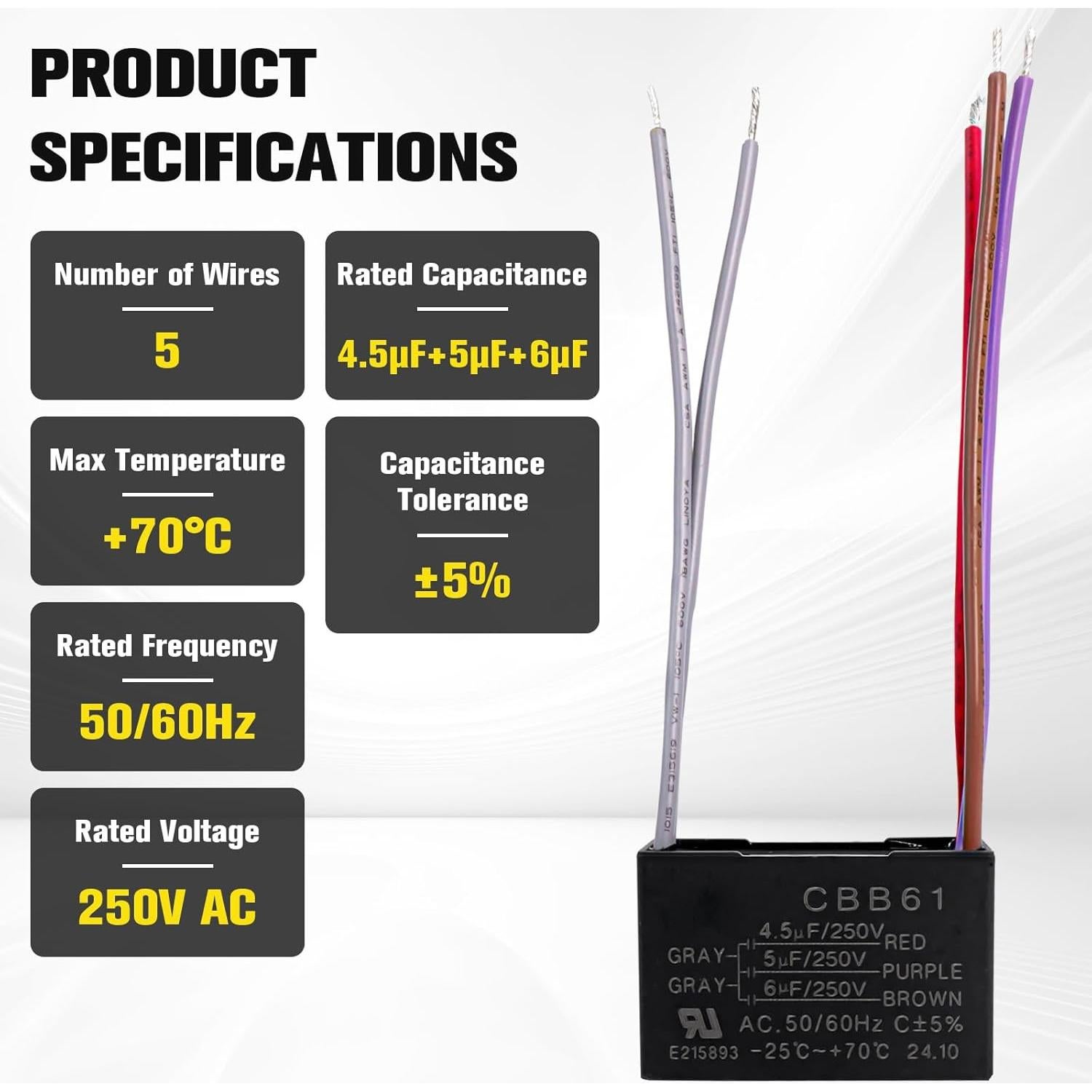 Condensador de Ventilador de Techo Podoy CBB61 250VAC 4.5uF 5uF 6uF (2 Piezas)