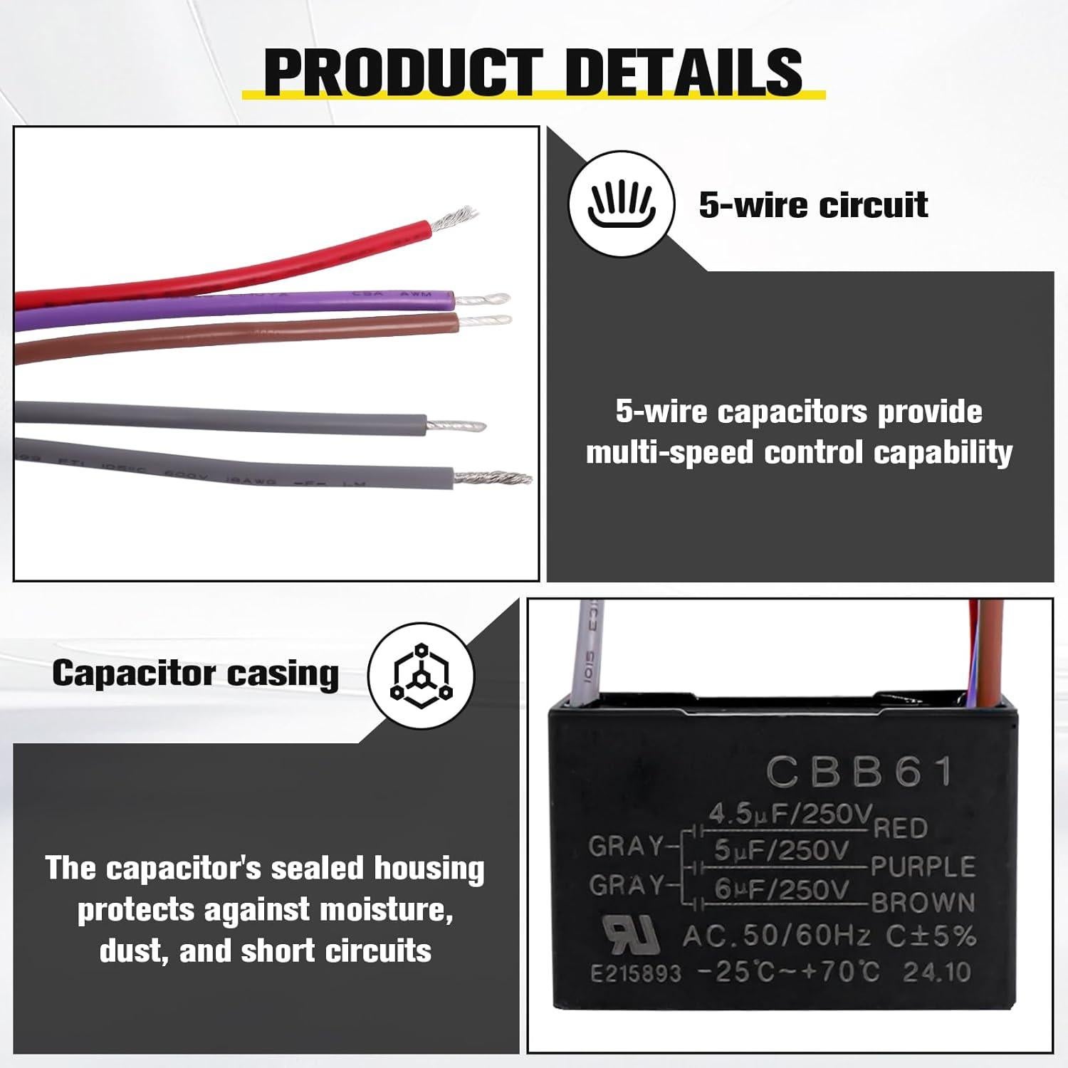 Condensador de Ventilador de Techo Podoy CBB61 250VAC 4.5uF 5uF 6uF (2 Piezas)