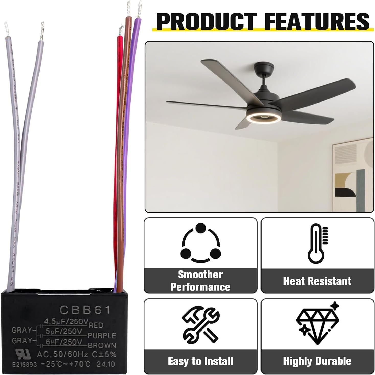 Condensador de Ventilador de Techo Podoy CBB61 250VAC 4.5uF 5uF 6uF (2 Piezas)