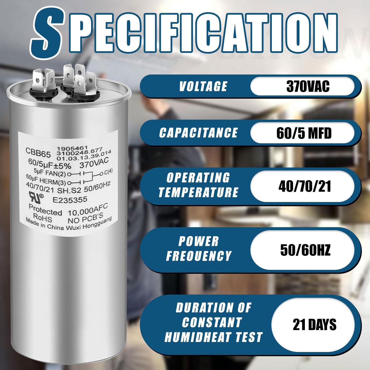 Capacitor Motor Aire Acondicionado RV BXKP 60/5 MFD 370VAC