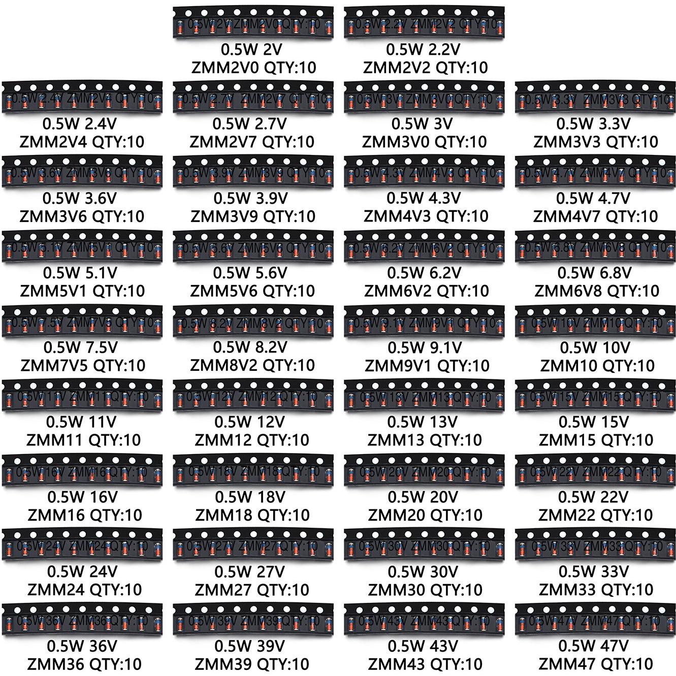 Kit Diodos Zener SMD 0.5W Chanzon 34 Valores 340 Piezas