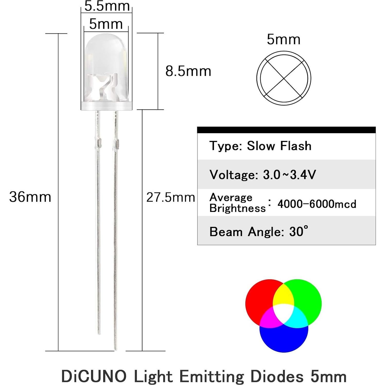 Diodos LED RGB 5mm DiCUNO 100pcs Parpadeo Lento 32g