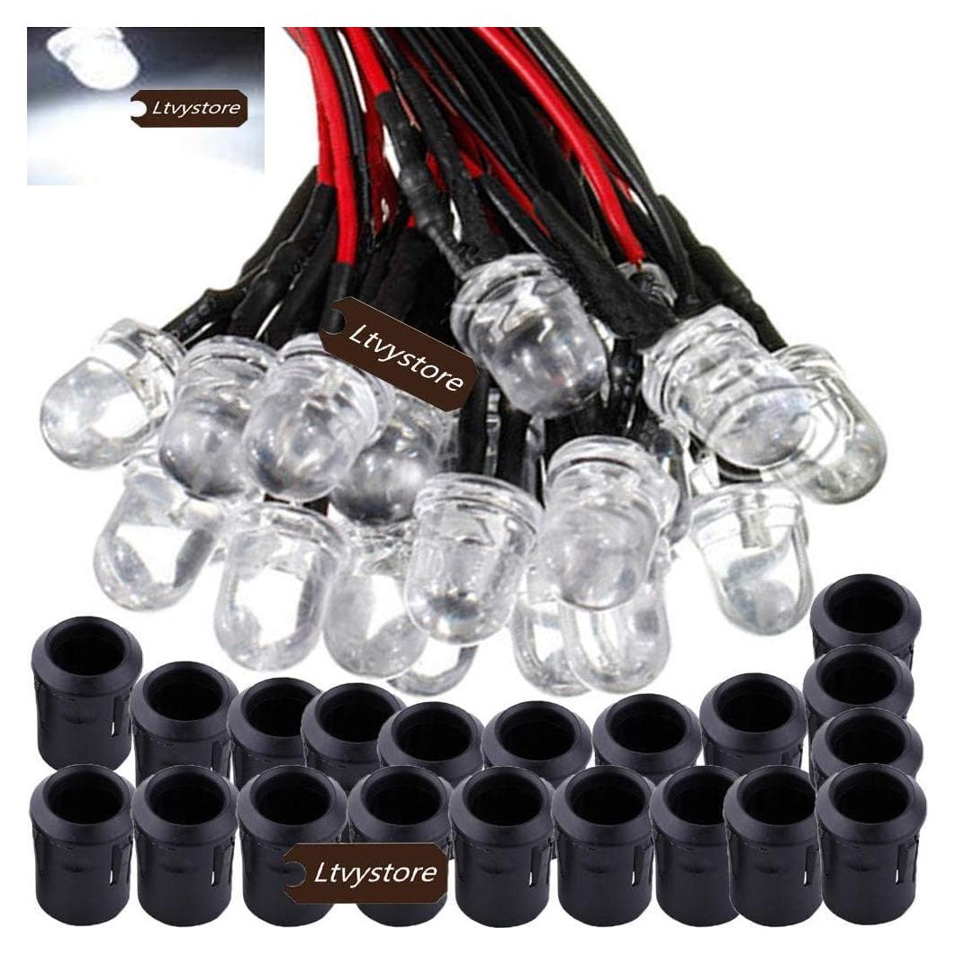 Paquete 20 LED 10MM Blanco Pre Cableado 12V + Soportes