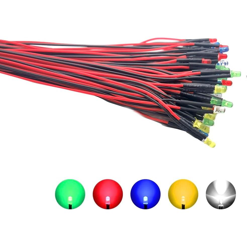 Kit 50 LEDs 12V Pre Cableados 3mm Difusos - 5 Colores