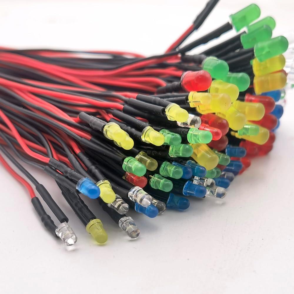 Kit 50 LEDs 12V Pre Cableados 3mm Difusos - 5 Colores