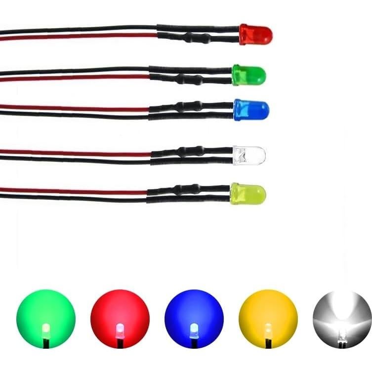 Kit 50 LEDs 12V Pre Cableados 3mm Difusos - 5 Colores