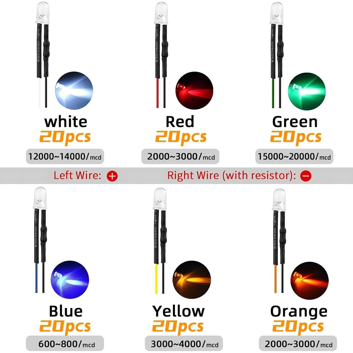 Kit 120 Diodos LED Pre Cableados 5mm Juasky 12V 6 Colores