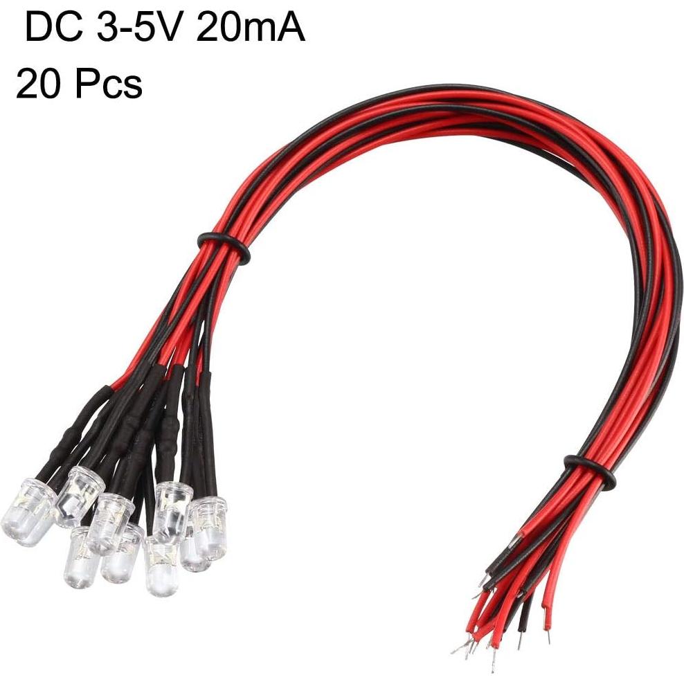 20 LEDs Pre Cableados 5mm Rojo uxcell DC 3-5V 20cm