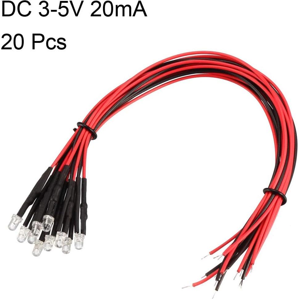 20 Piezas LED 3mm Pre Cableados uxcell Rojo 20cm DC3-5V