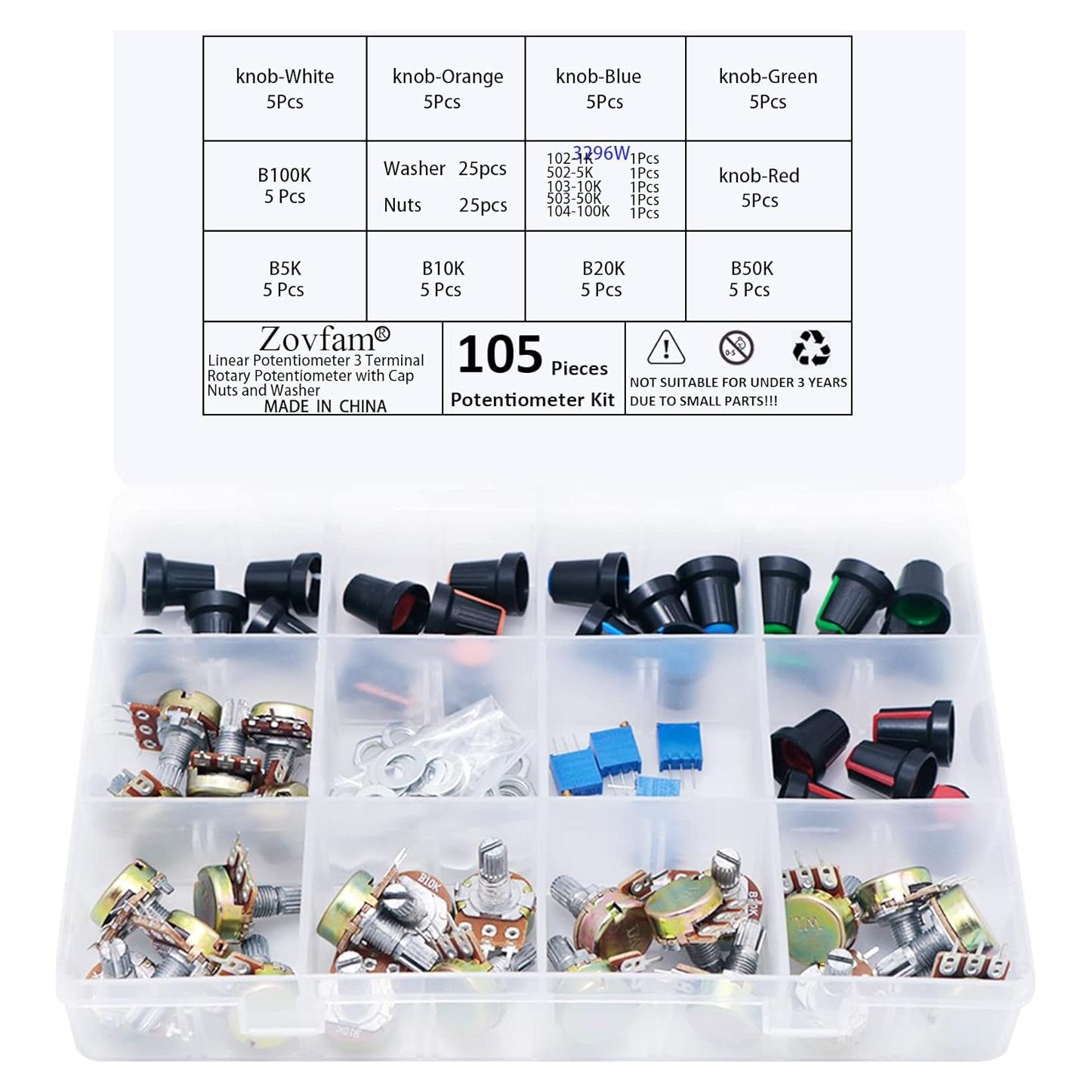 Kit de Potenciómetros Lineales Zovfam 105 Piezas 1K-100K Ohm