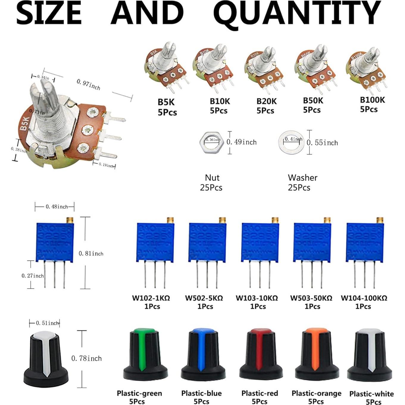 Kit de Potenciómetros Lineales Zovfam 105 Piezas 1K-100K Ohm