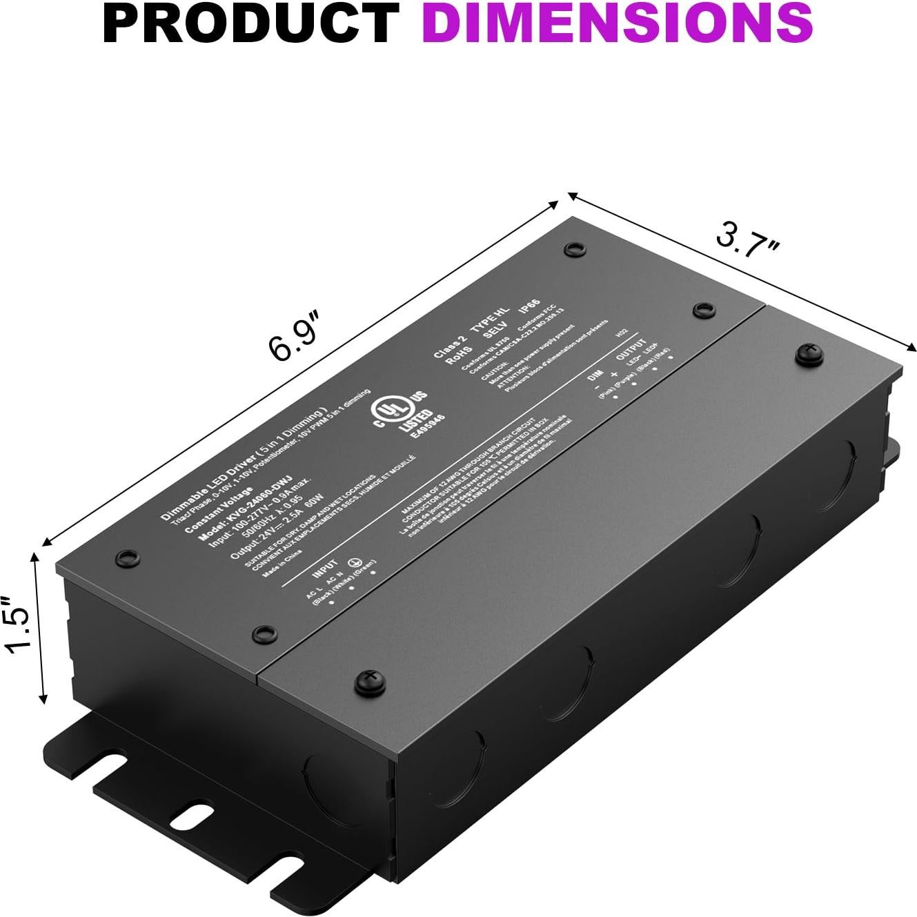 Controlador LED Dimmable 60W EoJoycels 24V IP67 UL Listado