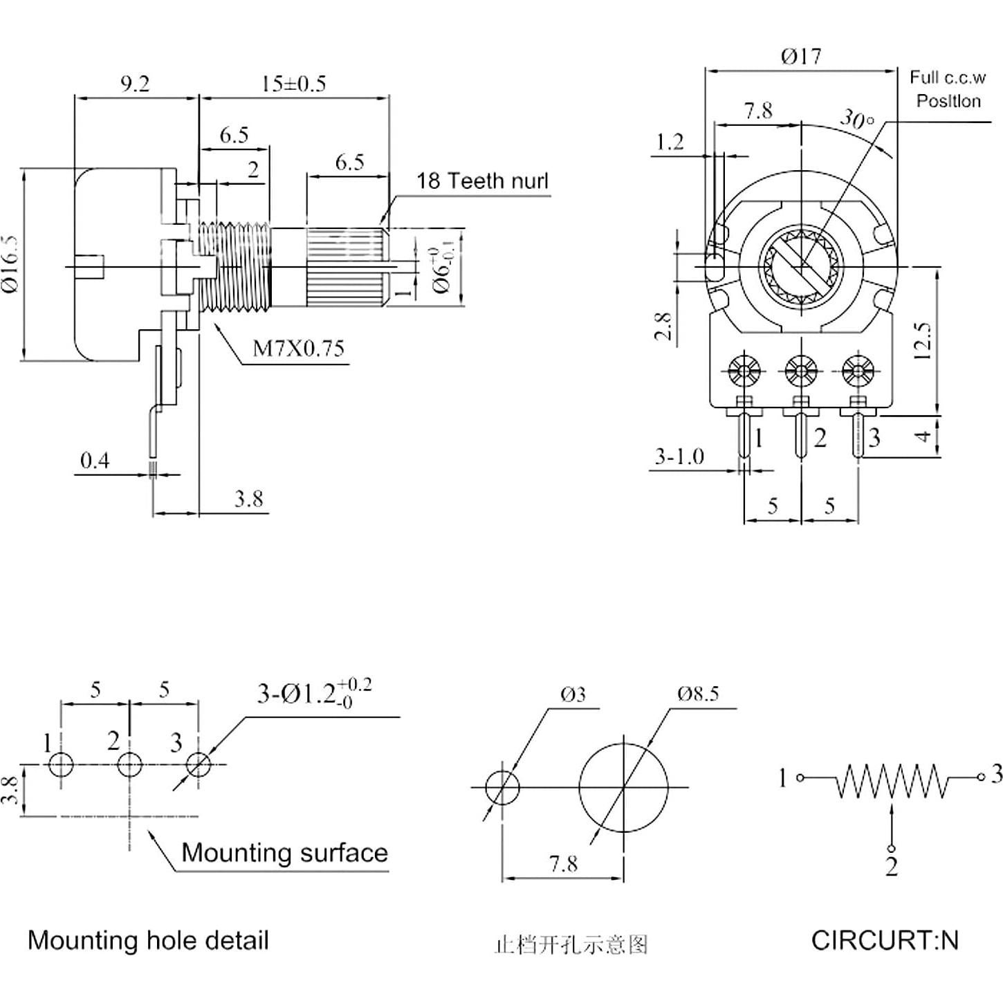 10 Pcs Potenciometro Lineal WH148 1M Ohm 15mm Eje Yetaida