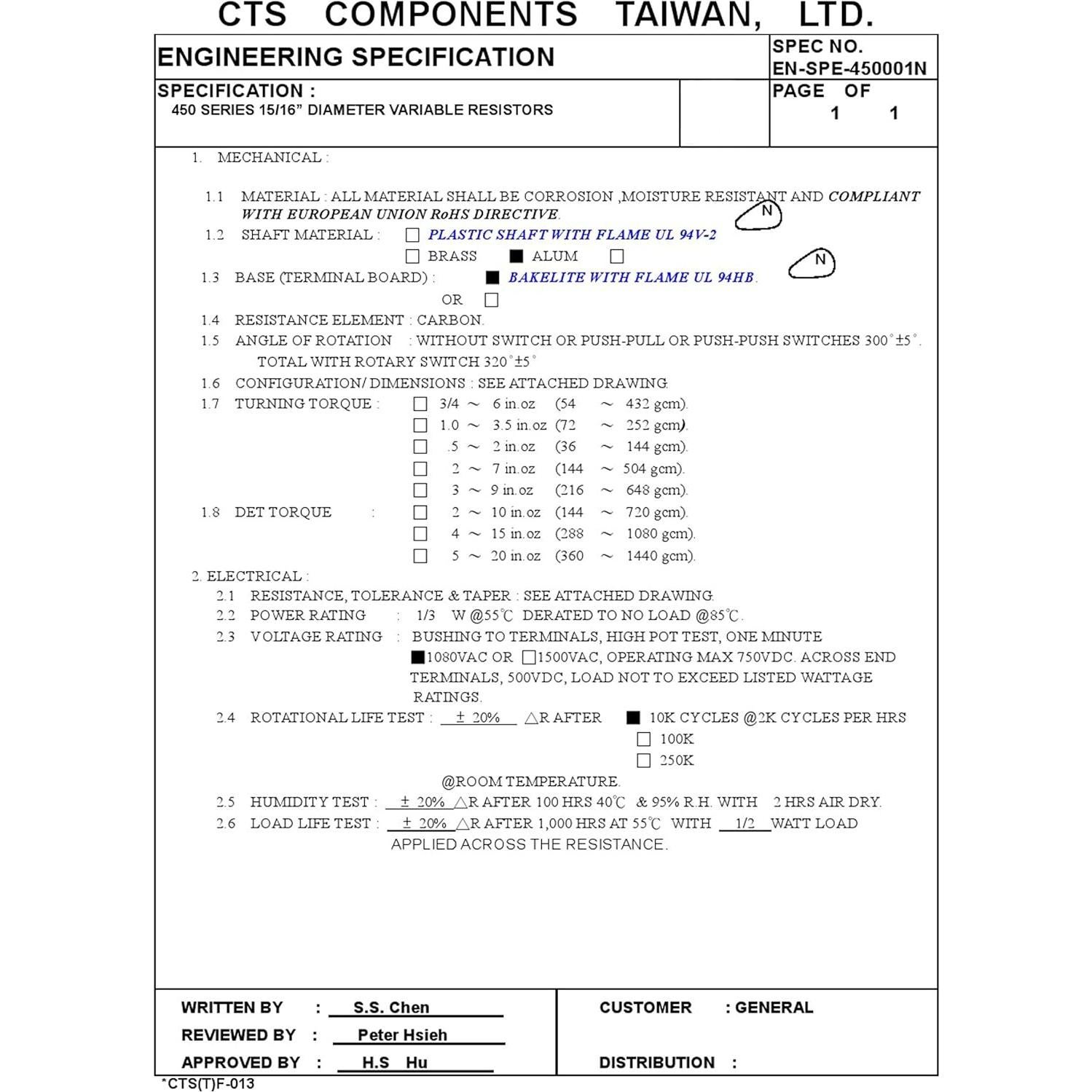 Potenciómetro lineal CTS 500K para guitarra eléctrica
