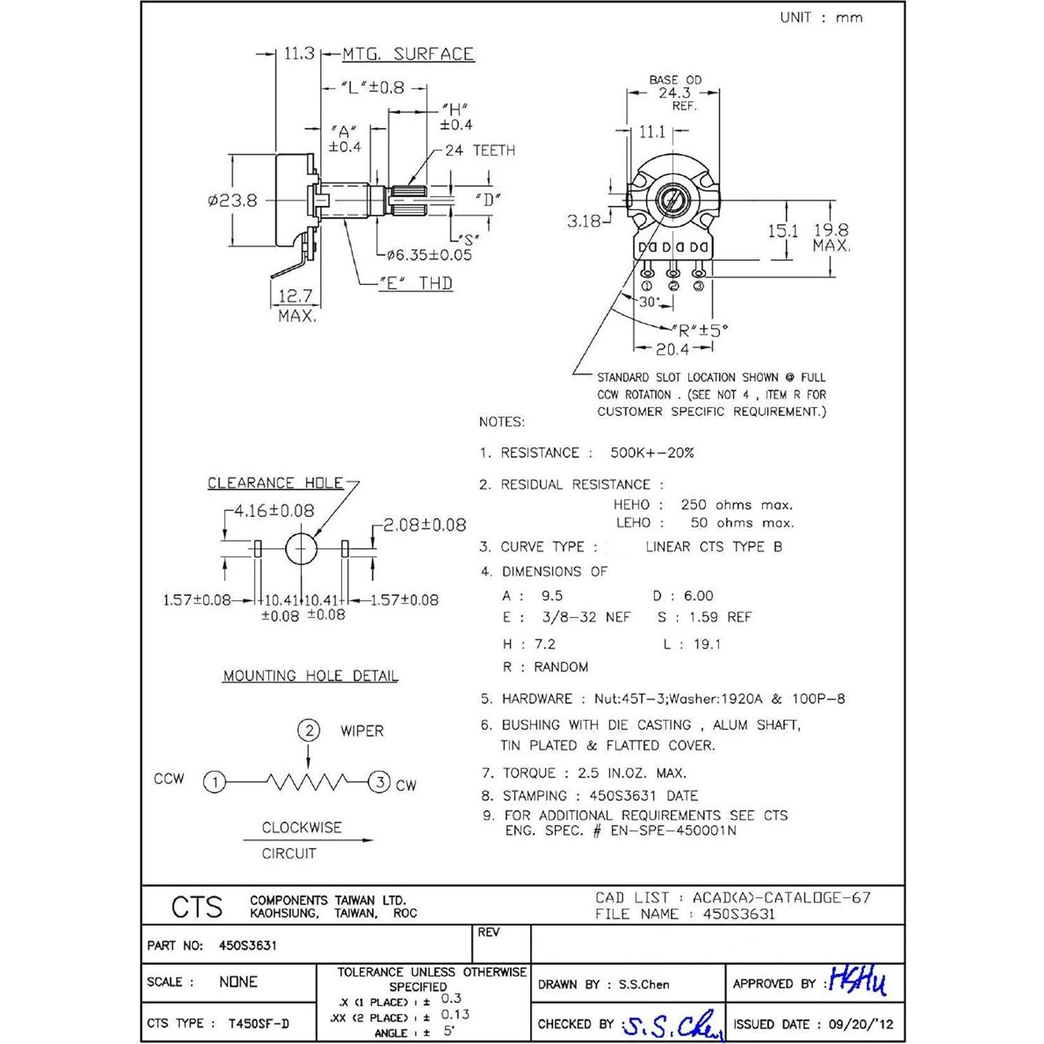 Potenciómetro lineal CTS 500K para guitarra eléctrica