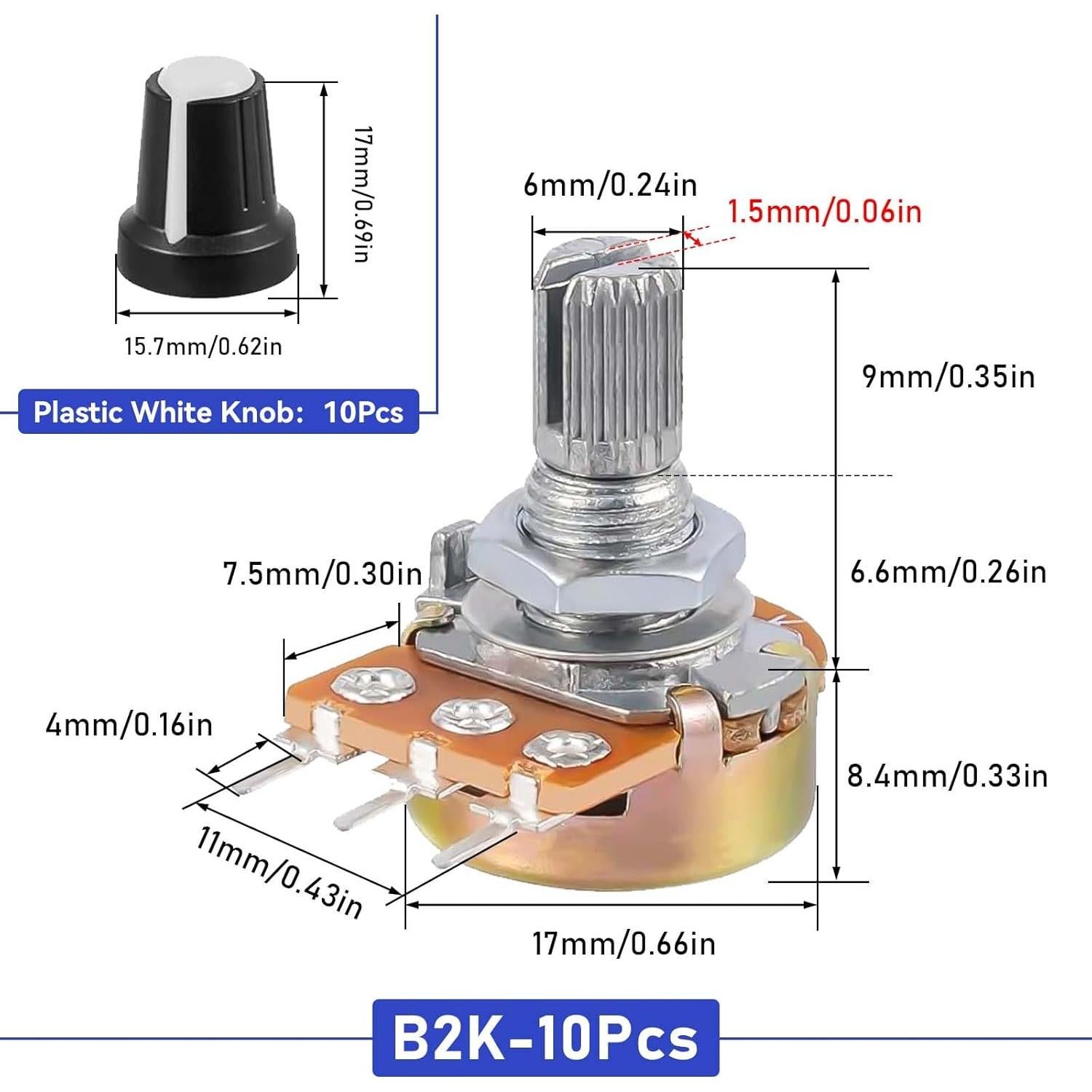 Kit de 10 Potenciómetros WH148 2K Ohm con Perillas Rotativas