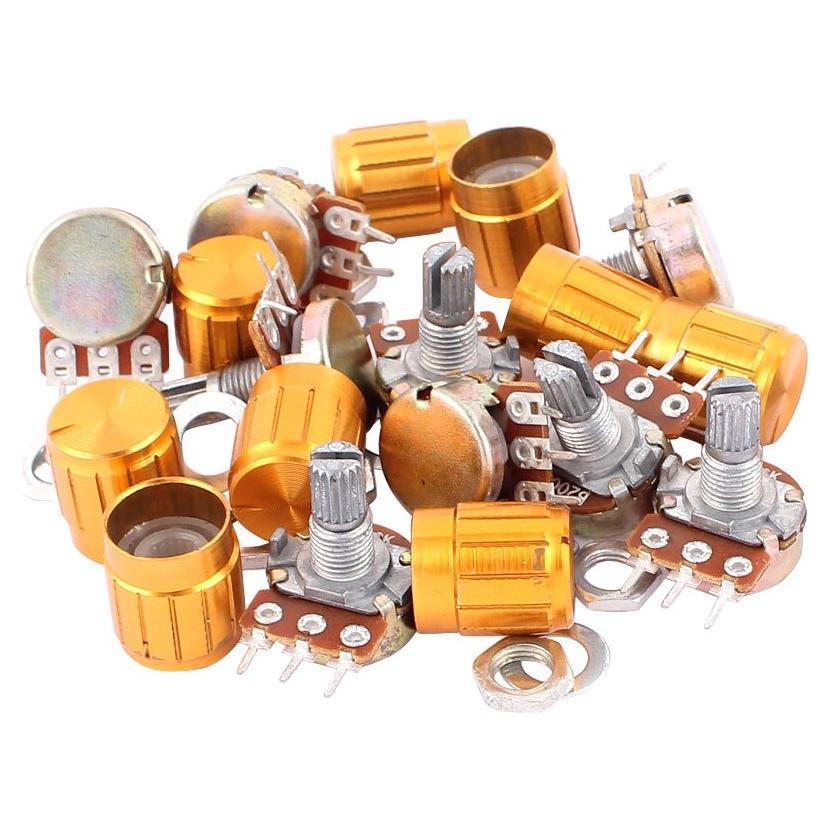 10 Potenciómetros Lineales Rotativos Uxcell 200K Ohm con Perilla Dorada