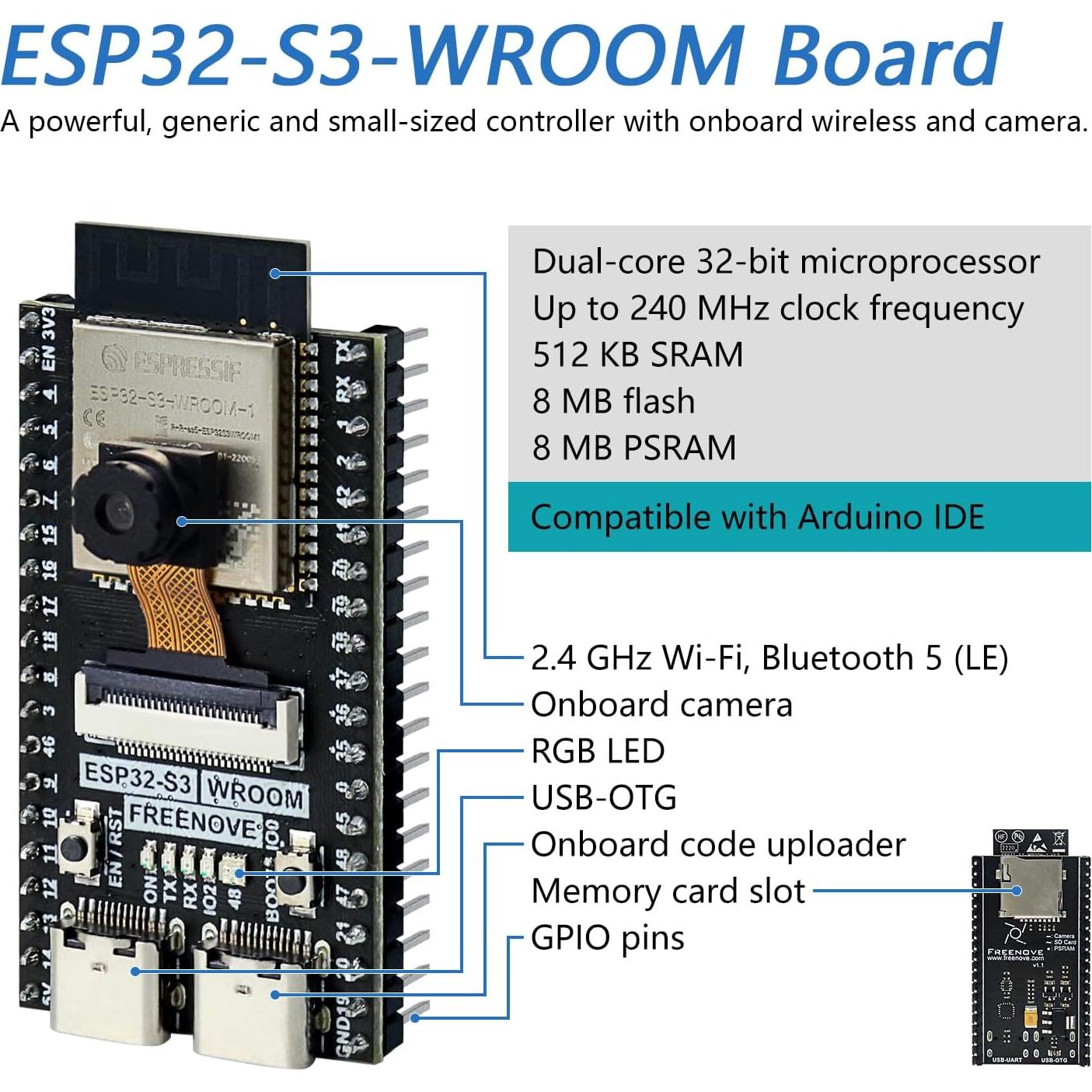 Placa ESP32-S3 FREENOVE CAM 240 MHz, 8 MB Flash y PSRAM