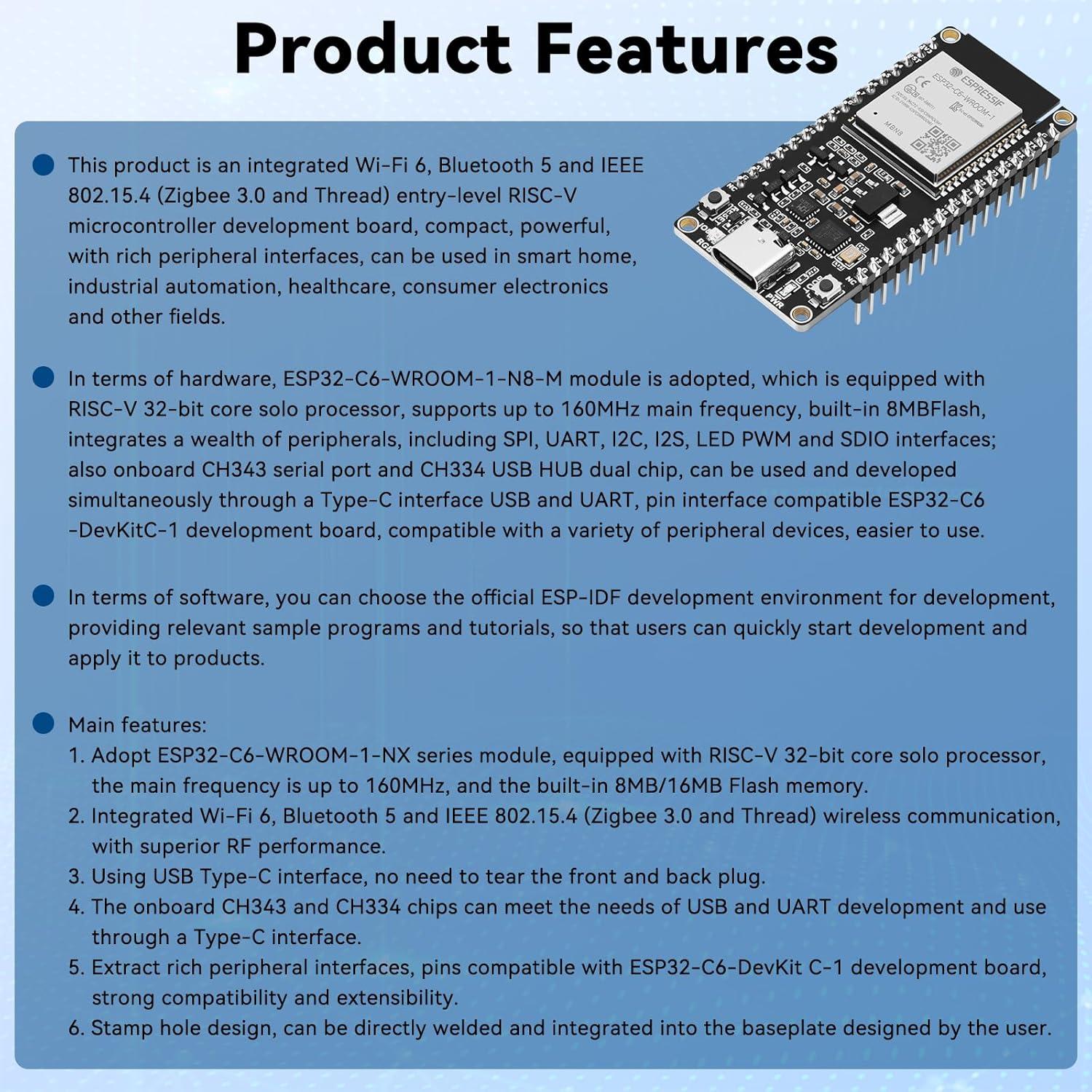 Placa de Desarrollo ESP32-C6 Meshnology Wi-Fi 6 Bluetooth 5