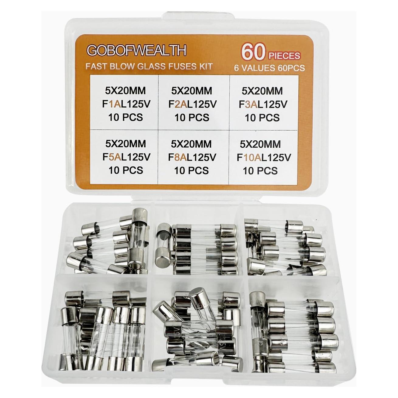 Kit de Fusibles de Vidrio GOBOFWEALTH 5x20mm 60 Piezas