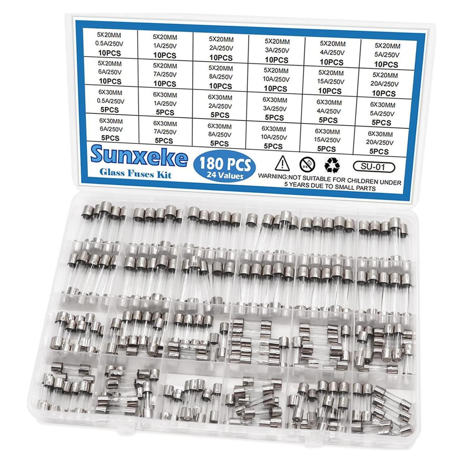 Kit de Fusibles de Vidrio 180Pcs 250V 5x20mm y 6x30mm Sunxeke
