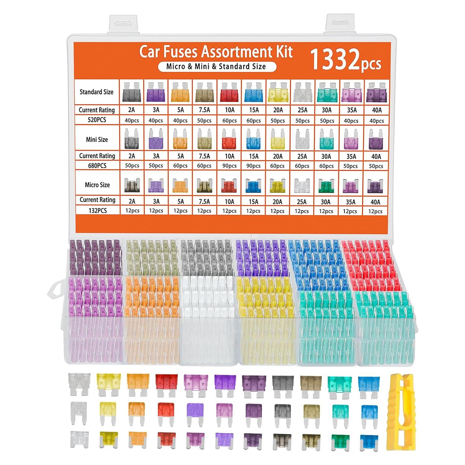 Kit de Fusibles de Coche 1332 Piezas Tinrbip - Mini, Estándar, Micro