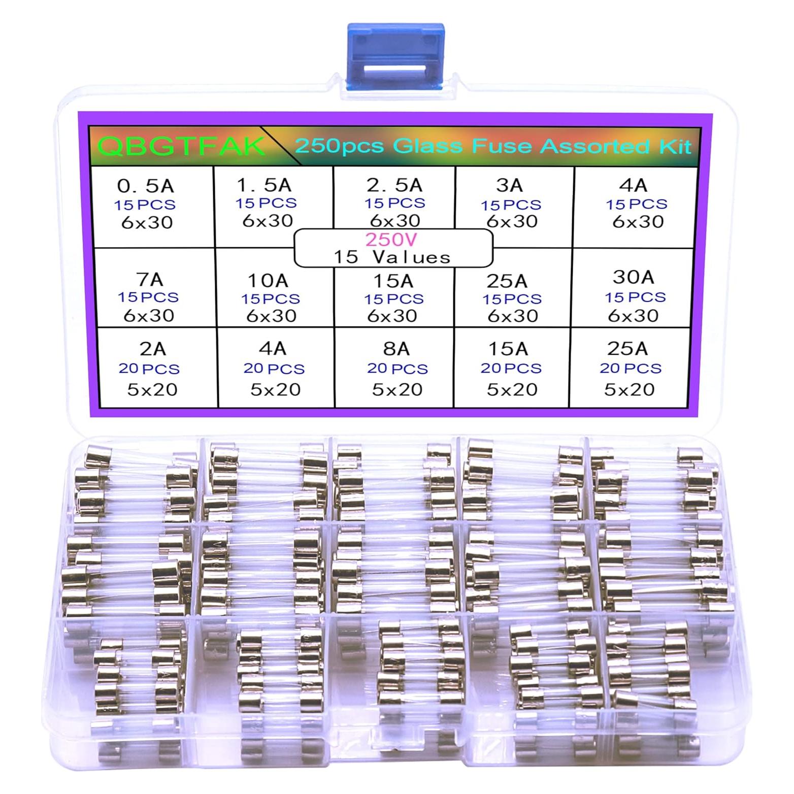 Kit de Fusibles de Vidrio 250 Piezas 5x20mm y 6x30mm 250V