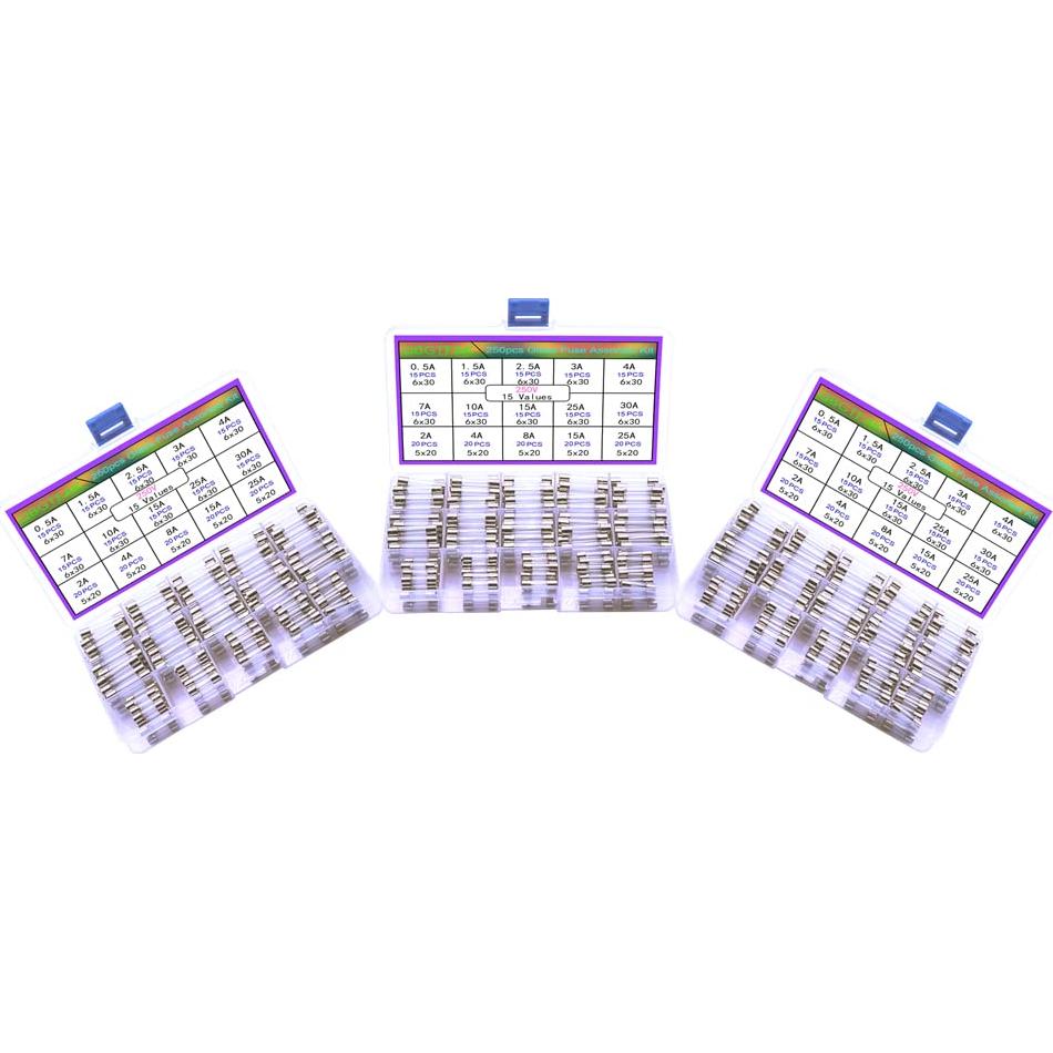 Kit de Fusibles de Vidrio 250 Piezas 5x20mm y 6x30mm 250V
