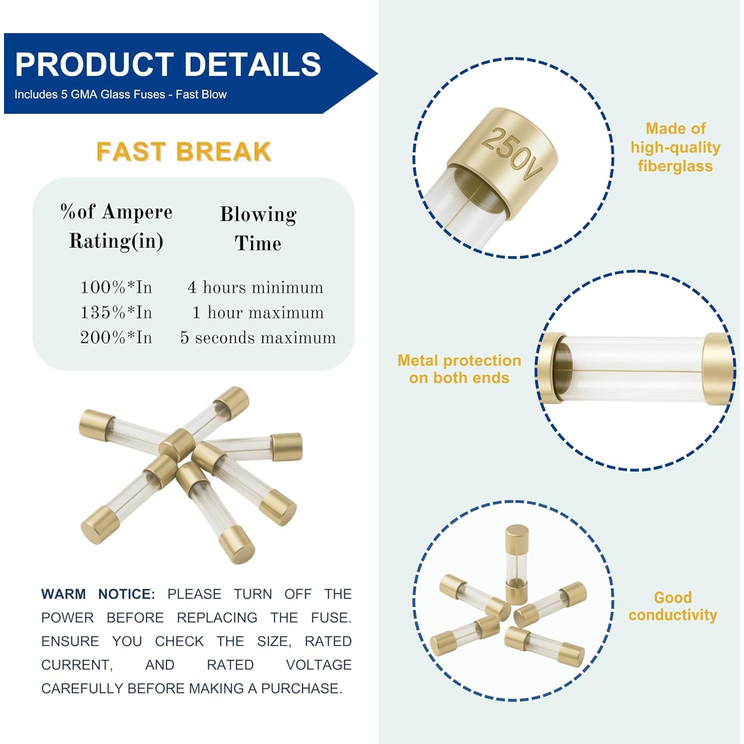 Fusibles de vidrio GMA 315mA 250V - Paquete de 5 Techman